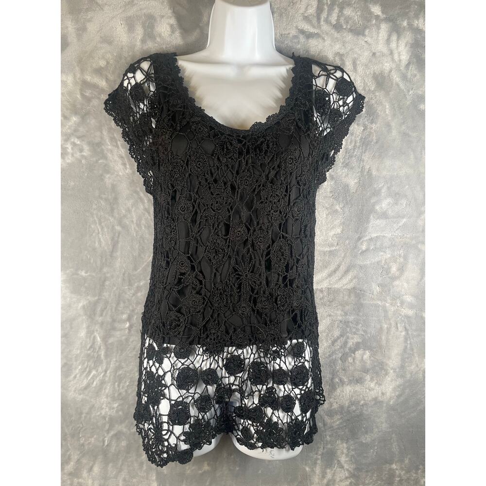 Vintage y2k black crochet longline layered top Newport News M blouse babydoll‎